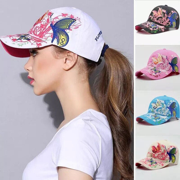 Raphaelwonders Women Flowers Butterfly Embroidered Hat -Adjustable Snapback baseball hat/cap-Golf hat-Gift hat for girls-Back to school