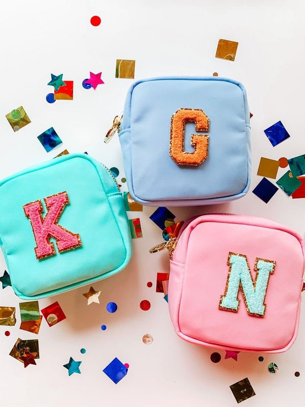 Mini Nylon Pouch-Cosmetic Bag-Customized make up pouch-chenille varsity letters patch-Bridesmaid gift-TRAVEL pouch